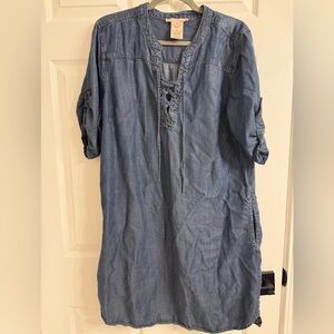 PHILOSOPHY Women BLUE Tencel Lace Up Tunic Jean Shirt Dress XL w cuffed sleeves